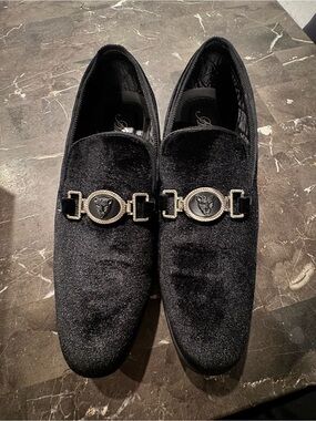 Men's Black Velvet Slip-On with Silver Medallion